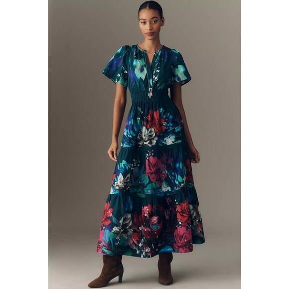 nwt by ANTHRPOLOGIE sz S Somerset Maxi Dress Blue Floral Motif - Picture 2 of 5